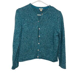 L.L. Bean Womens Teal Marled Knit Button-Up Cardigan Sweater M Petite